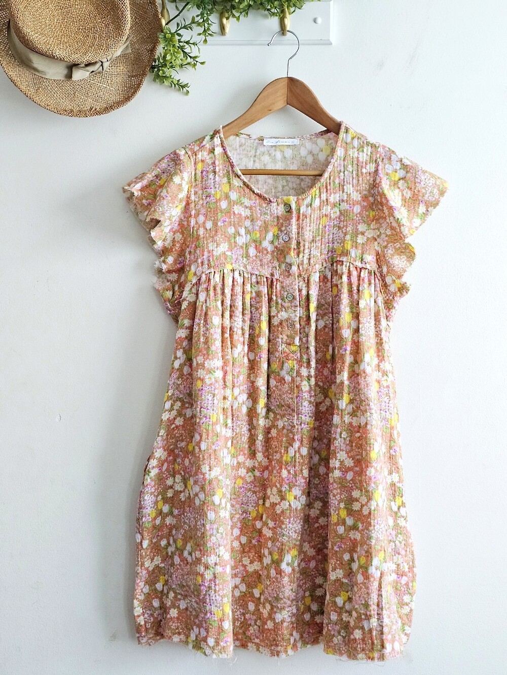 Ces Femme Boutique Floral Cotton Babydoll Dress L Pockets Raw Hem